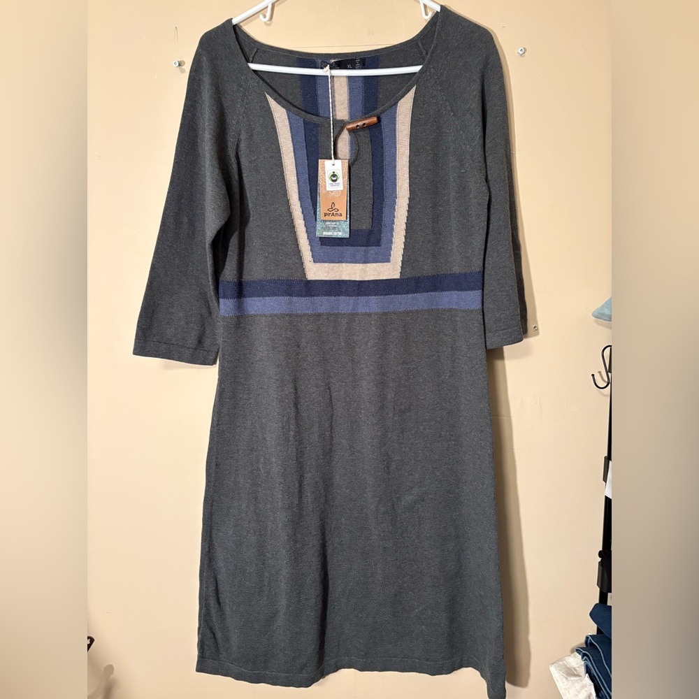 Prana Gray and Blue Long Sleeve Sweater Dress